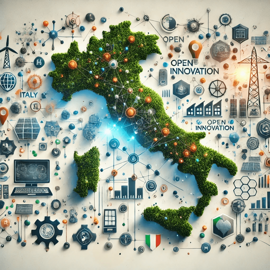 Mappa dell’Italia innovativa con elementi tecnologici e digitali – immagine generata con intelligenza artificiale, rappresentazione visiva dell’Open Innovation in Italia