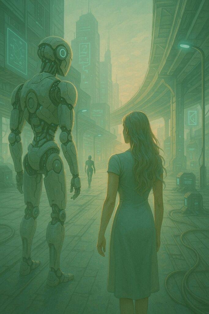 Illustrazione digitale generata con IA: una giovane donna si risveglia in una città futuristica automatizzata, tra luci calde dell’alba e dettagli tecnologici