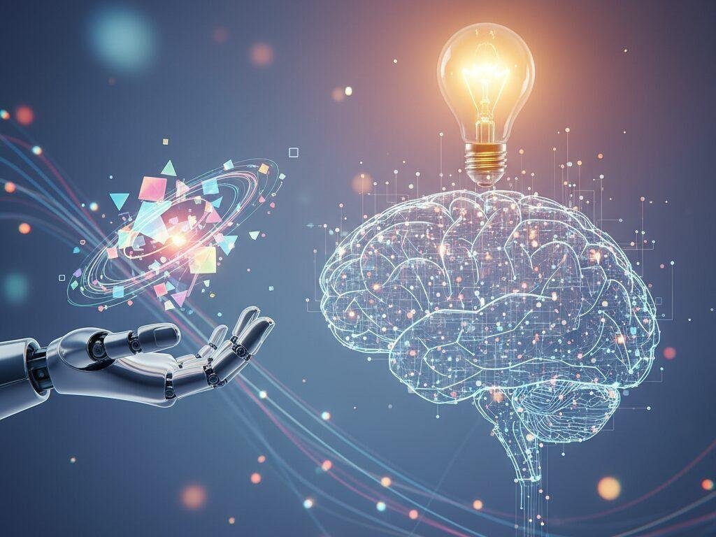 Brainstorming con intelligenza artificiale: cervello stilizzato acceso da lampadina e mano robotica che offre un’idea. Soluzioni IA per la creatività e il blocco creativo.