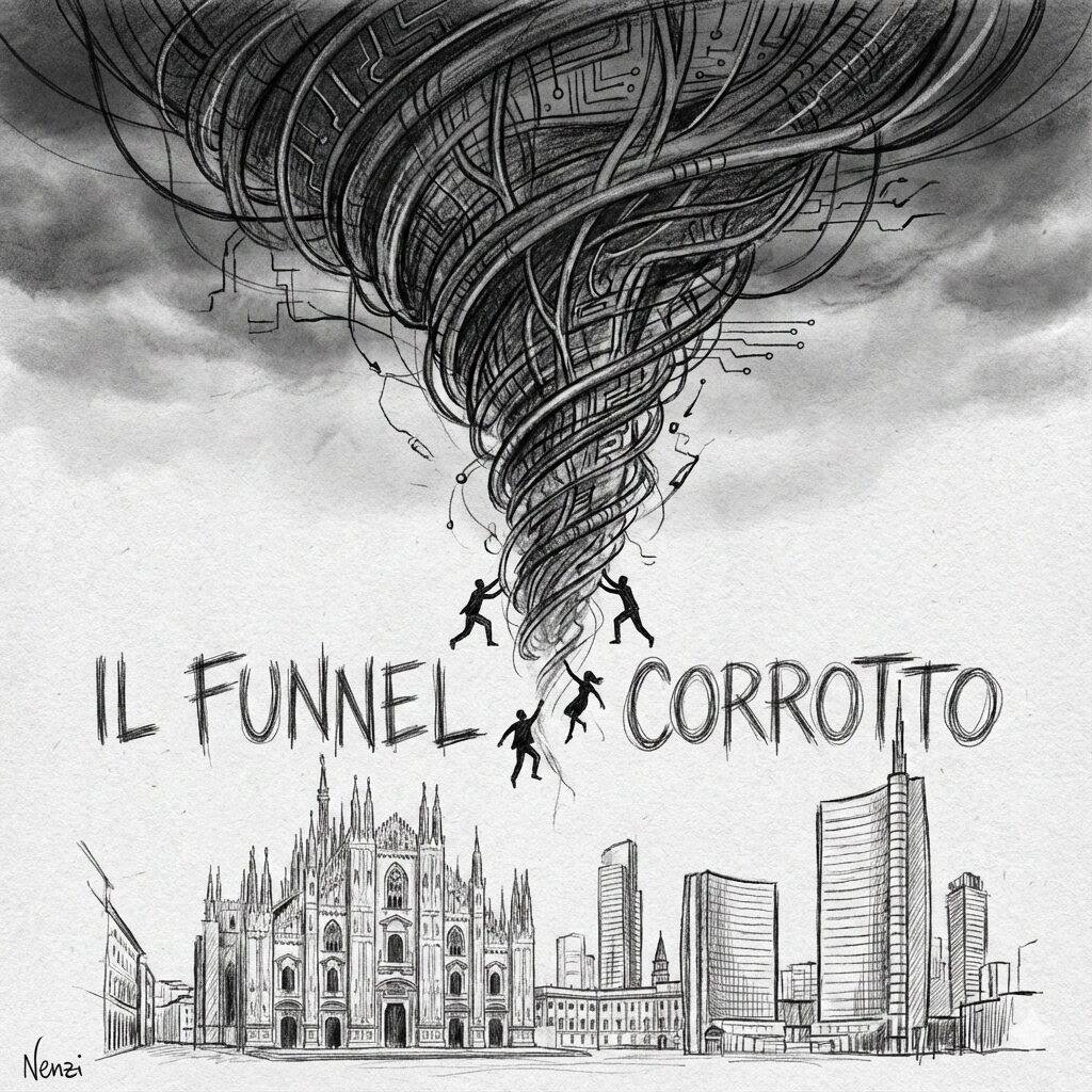 Immagine in bianco e nero, stile matita con il titolo del racconto il funnel corrotto