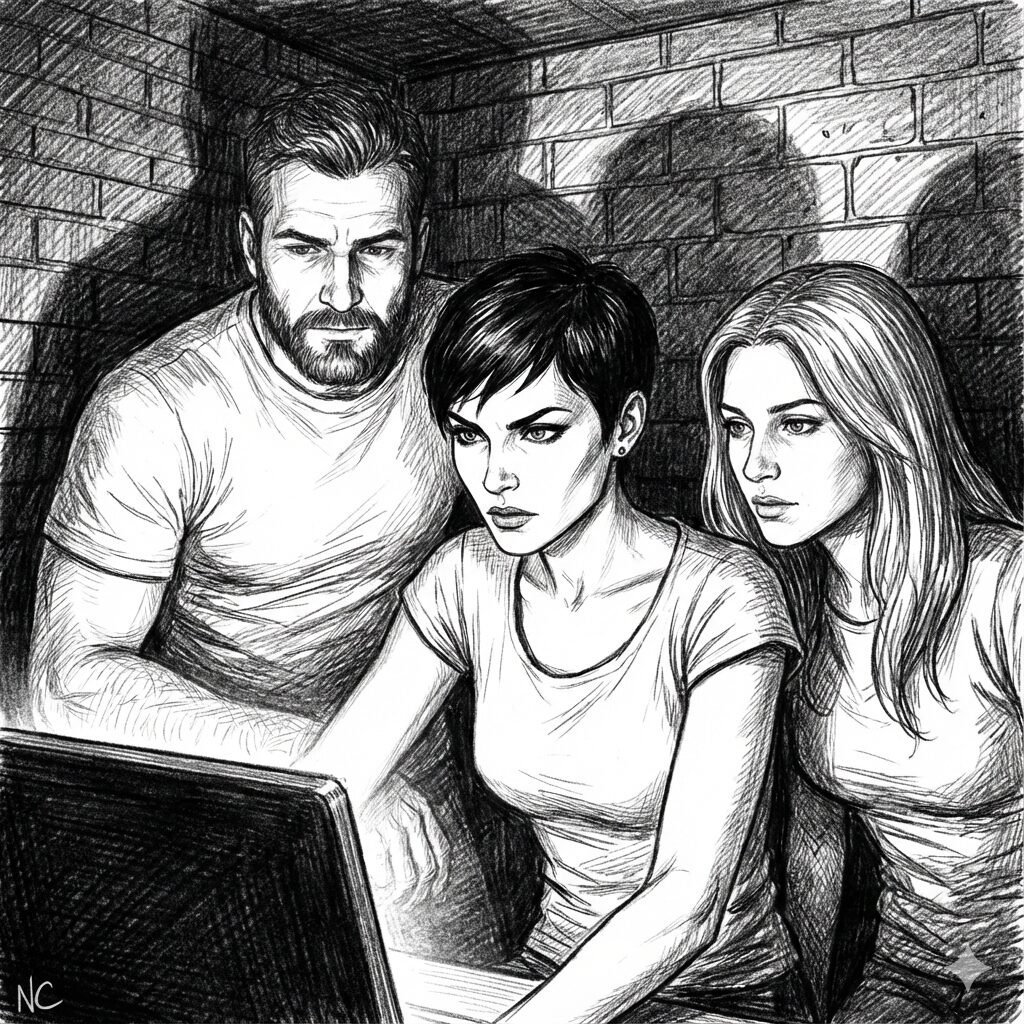 Lorenza, Claudio e SImona nel seminterrato di Lorenza