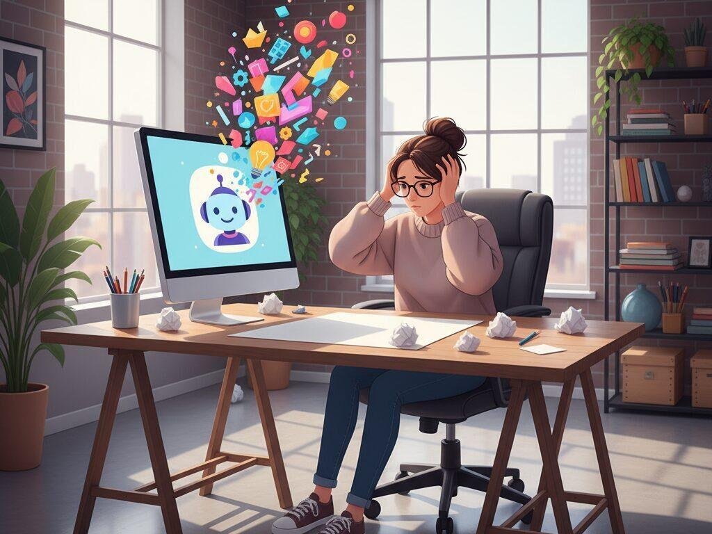 Persona seduta davanti a un foglio bianco, riceve idee colorate da uno schermo con assistente intelligenza artificiale. Brainstorming IA per superare blocco creativo.