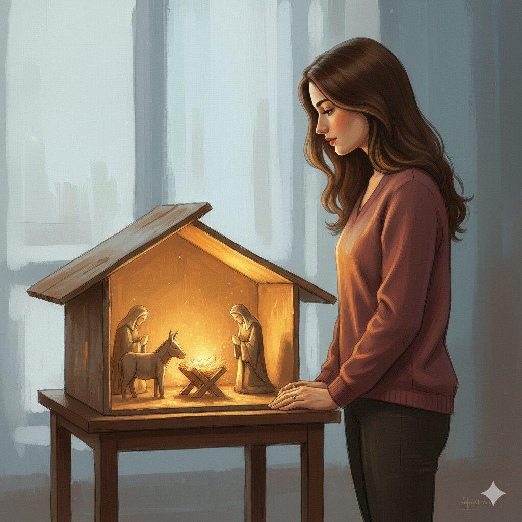 Una giovane donna osserva e sistemando un piccolo presepe illuminato sopra un tavolo, immersa in una luce dorata e riflessiva.