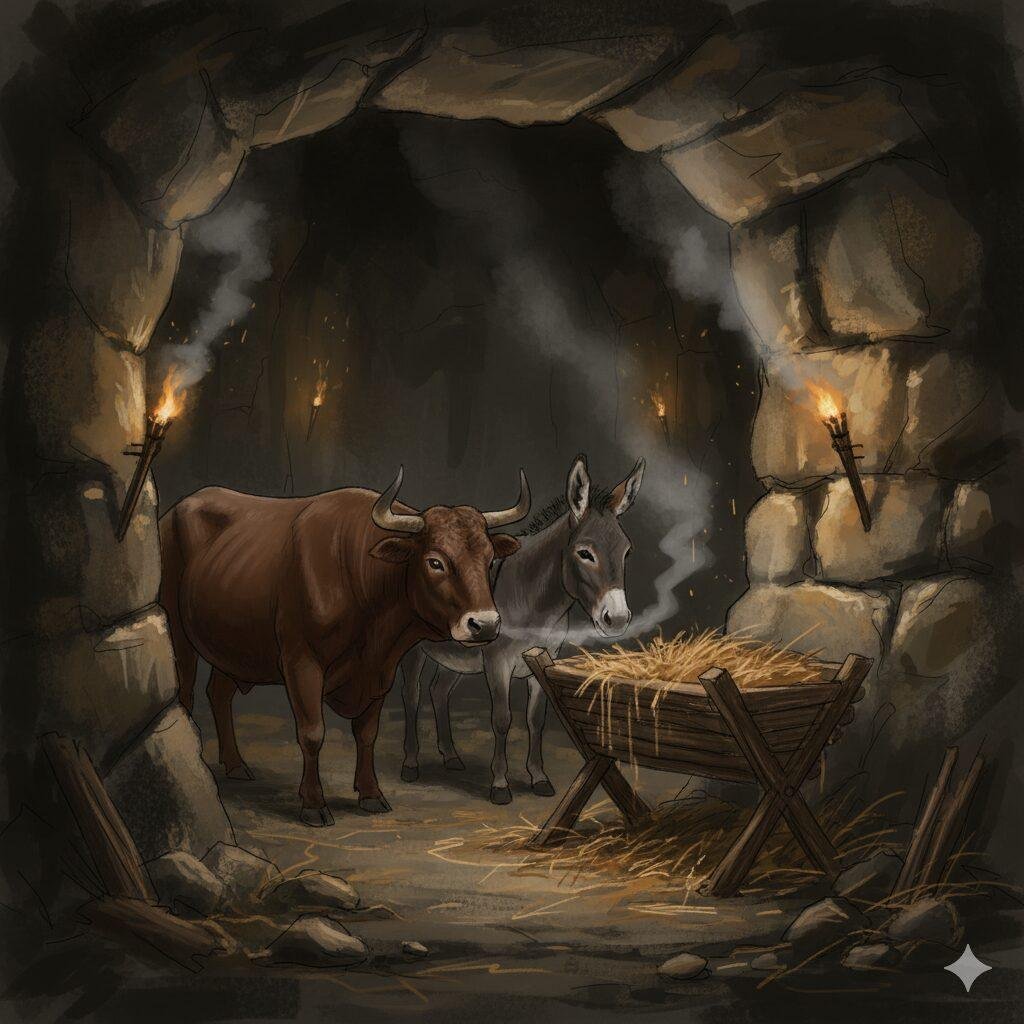 Un bue e un asino all’interno di una grotta rocciosa, illuminata da fiaccole sulle pareti, davanti a una mangiatoia piena di fieno.