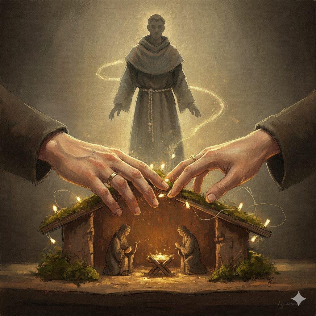 Mani che costruiscono un presepe illuminato da luci natalizie, mentre una figura francescana emerge sullo sfondo, simboleggiando la soglia tra realtà e dimensione spirituale.