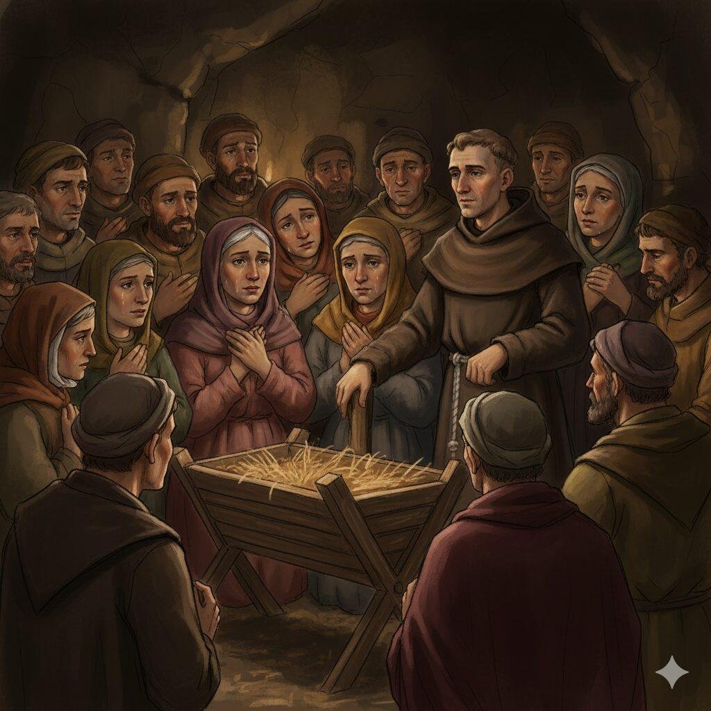 Un gruppo di uomini e donne raccolti attorno a una mangiatoia vuota, ascoltano un frate francescano che guida il rito; tutti hanno espressioni emozionate e mani sul cuore.