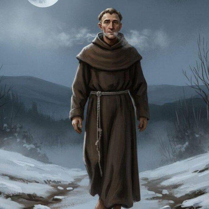 Un frate vestito con saio marrone cammina a piedi nudi su un sentiero innevato, sotto una luna piena, circondato da colline e piante spoglie nella notte invernale